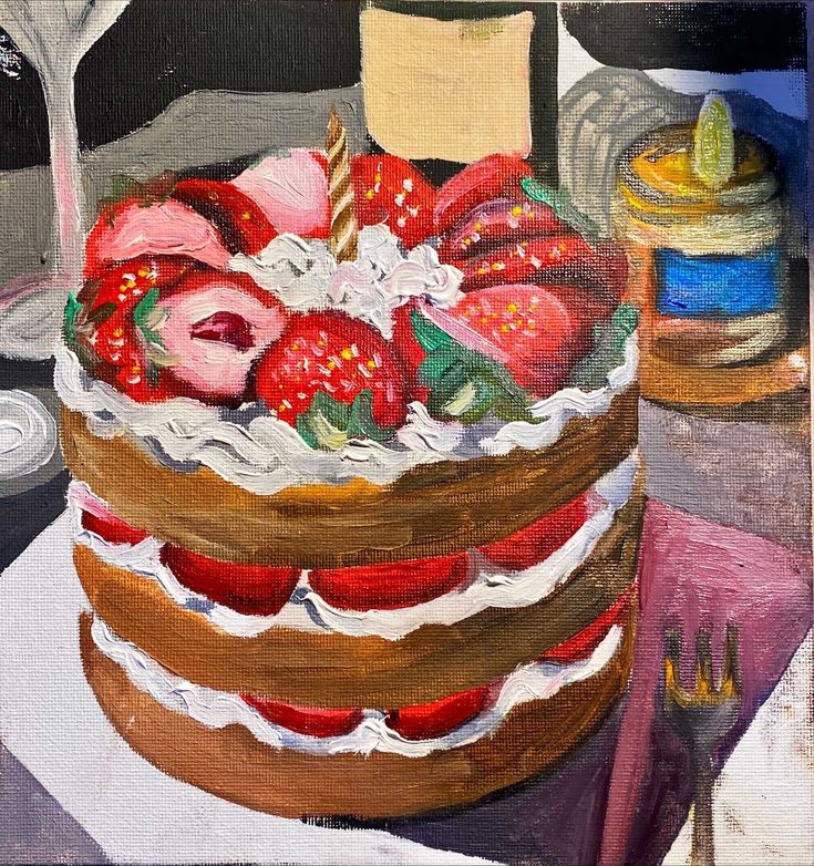 a painting of strawberries on top of a cake