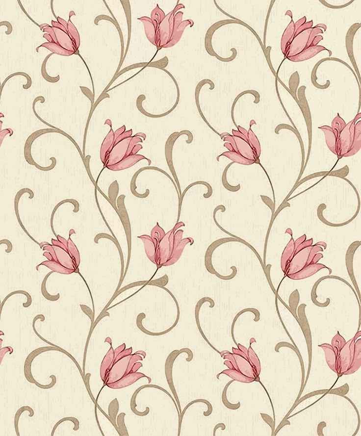 a floral wallpaper with pink flowers and swirls