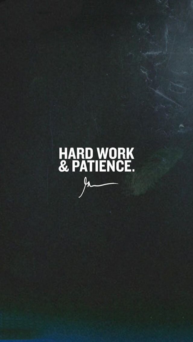 the words hard work and patience are written in white on a black background with blue water