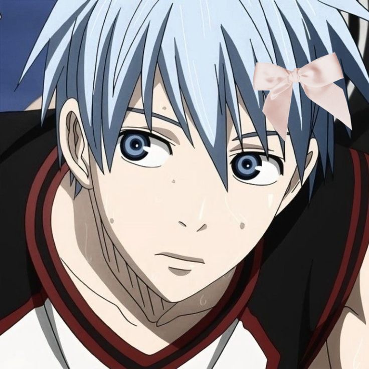 an anime character with blue hair wearing a bow in front of his head and looking at the camera