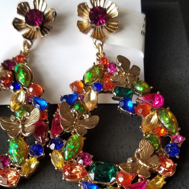 These Are Fabulous Post Betsey Johnson Rhinestone Statement Earrings Kind Of A 3d Effect With A Butterflies On Top Of The Rhinestones In A Flower Post Unique Multicolor Rhinestone Jewelry, Betsy Johnson Jewelry Earrings, Multicolor Rhinestone Crystal Earrings, Betsey Johnson Christmas Jewelry, Betsey Johnson Necklace, Betsey Johnson Jewelry, Colorful Butterflies, Betsey Johnson, Pink Blue