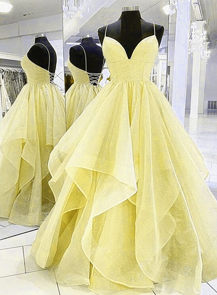 Light Yellow Tulle Straps Long Prom Gown Organza Ball Gown Dress With Sweep Train, Yellow Tulle Dress With Fitted Bodice, Yellow Ball Gown Dress For Debutante Ball, Yellow Ball Gown For Debutante Ball, Yellow Fitted Dress For Debutante Ball, Fitted Yellow Dress For Debutante Ball, Yellow Sleeveless Gown For Prom Season, Yellow Prom Dress With Sweep Train, Yellow Tulle Prom Gown