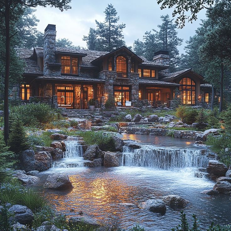 a large house with a waterfall running through it