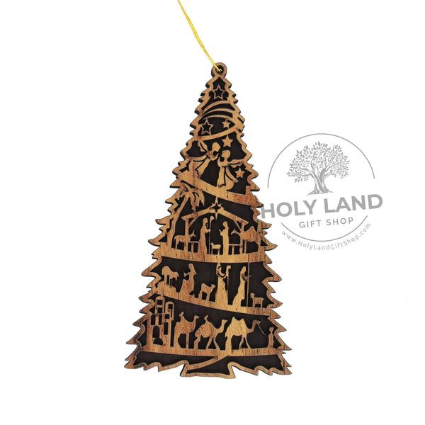 a wooden christmas tree ornament with people and animals on it's sides