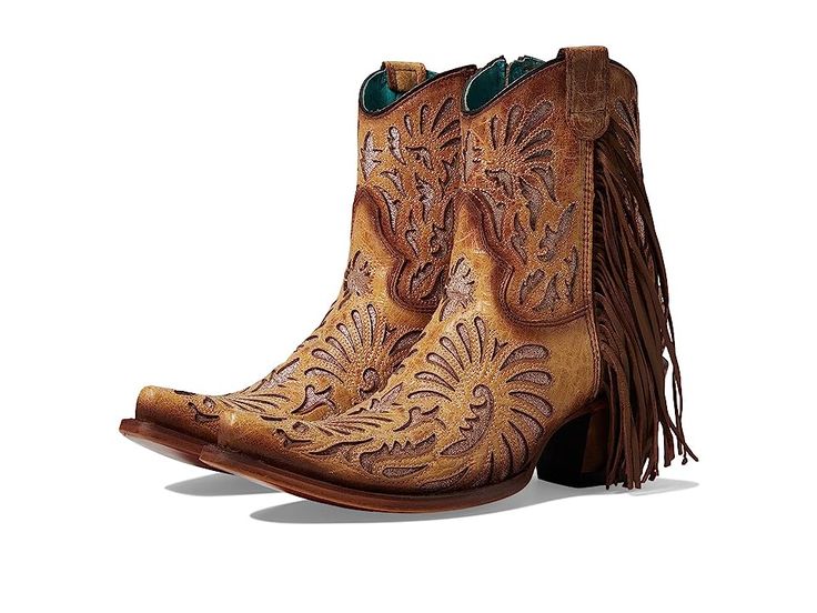 Corral Boots C3827 - Women's Boots : Sand : Define your rowdy look with the Corral Boots C3827. These exotic and timeless beauty features allover unique design with fringe detailing on one side for a stylish look. It has an elegant snip toe design well suited to horseback riding. Leather upper. Leather lining and insole. Pull-on straps for easy wear. Stacked heel. Leather and rubber outsole. Imported. Measurements: Heel Height: 2 1 4 in Weight: 1 lb 7 oz Shaft: 8 1 2 in Product measurements were Cute Shoes Heels, Corral Boots, Beauty Features, Western Boots Women, Cool Boots, Toe Designs, Women's Boots, Horseback Riding, Cowgirl Boots