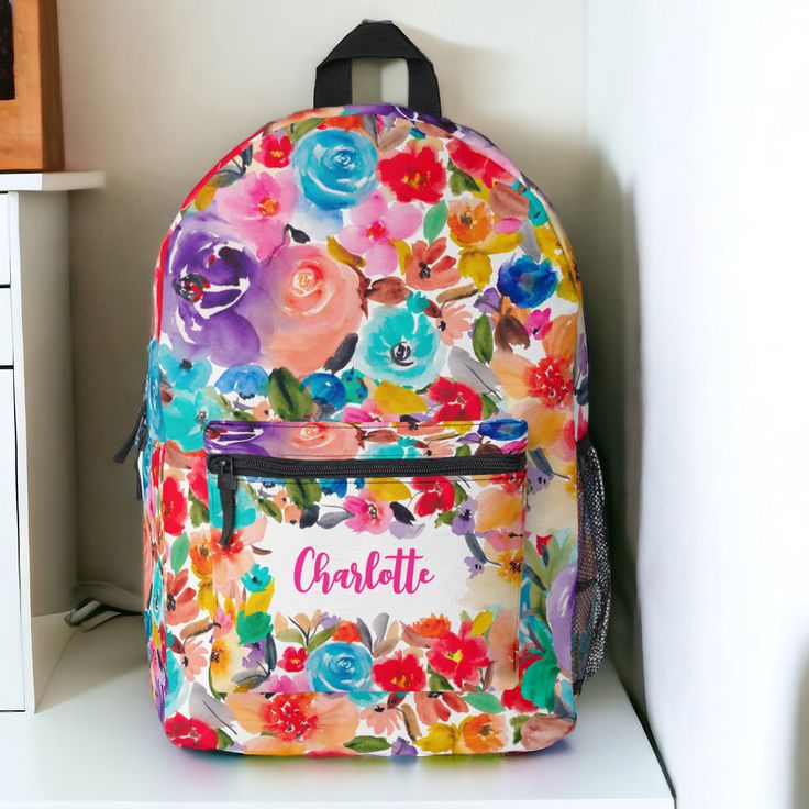 Elegant bright and bold modern vintage botanical spring summer flowers backpack with pretty oversized flowers and brush script  with a modern calligraphy typography with in multi colors, pink, rainbow, purple, blue, red, Floral Print Backpack For School In Spring, Spring Floral Print Standard Backpack, Boho Backpack, Festival Essentials, Colorful Bags, Rainbow Pattern, Boho Look, Vintage Botanical, Hat Crafts