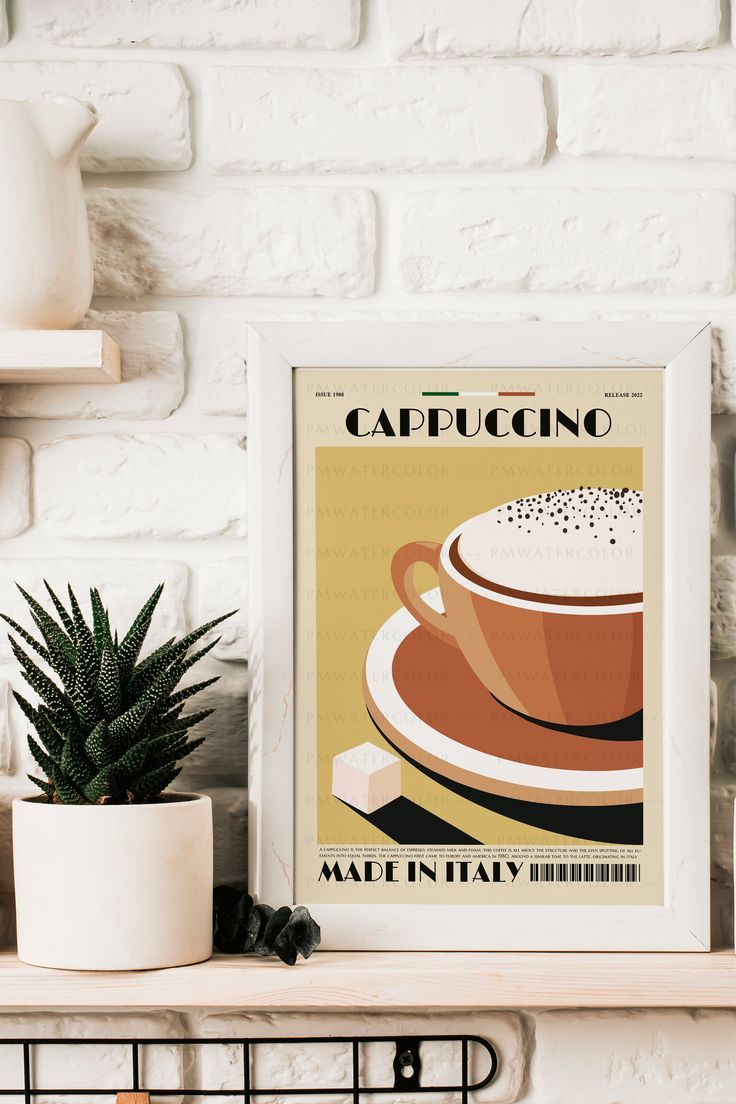 a cup of cappuccino on a shelf next to a potted plant