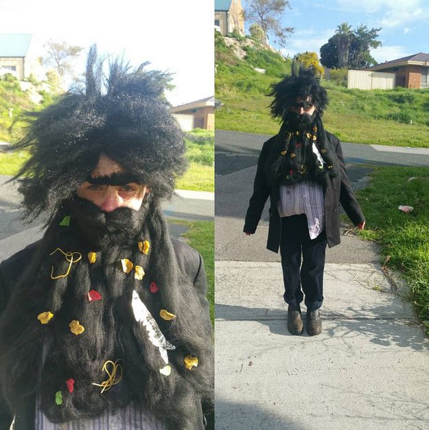 two pictures of people walking down the street one with long hair and another with fake beards