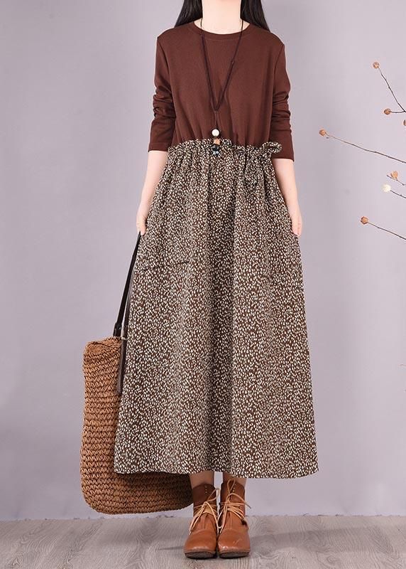 Bohemian Chocolate Patchwork Print Clothes For Women O Neck Maxi Spring Dress - Omychic Casual Brown Patchwork Dress, Brown Long Sleeve Patchwork Dresses, Brown Cotton Long Sleeve Maxi Dress, Striped Linen Dress, Maxi Dress Collection, Black Striped Dress, Spring Coat, Patchwork Print, Printed Long Dresses