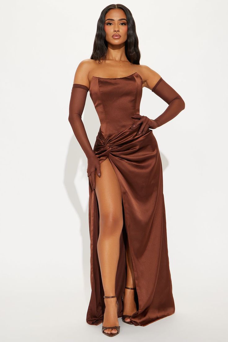 Teagan Satin Maxi Dress Set - Chocolate