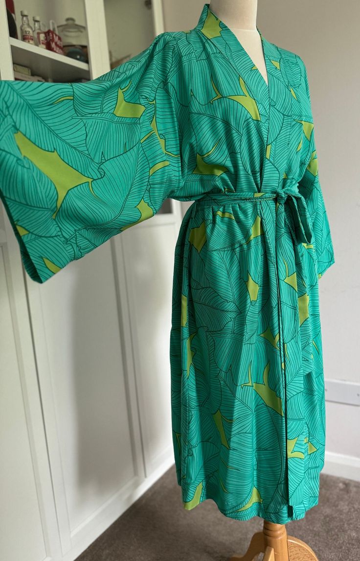 Kimono Robe, Hawaiian tropical Green plant and trees Pattern Dressing Gown, one size, unisex, gifts for her and him Hawaiian Green Beach Cover-up Dress, Green Maxi Dress With Floral Print And Kimono Sleeves, Green Printed Sleepwear For Vacation, Green Palm Tree Print Beach Dress, Green Kimono Sleeve Robe For Loungewear, Green Summer Robe With Kimono Sleeves, Green Kimono Sleeve Robe For Summer, Summer Green Robe With Kimono Sleeves, Green Robe With Kimono Sleeves For Loungewear