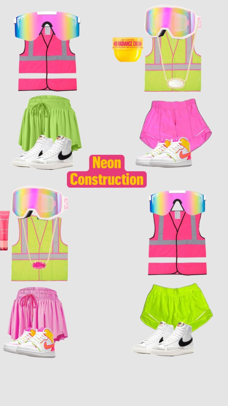 four different types of neon colored clothing and shoes with the words neon construction on them