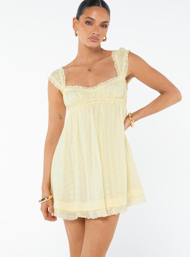 Carlita Mini Dress Yellow Babydoll Dress Casual, Cute Yellow Mini Dress, Flowy Country Dress, Mini Dress Vacation, Mini Dresses With Boots, Homecoming Yellow Dresses, Cute Mini Dresses Casual, Pale Yellow Sundress, Yea Party Dresses