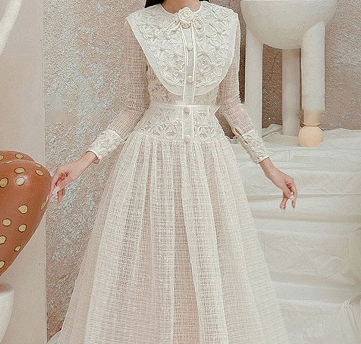 real picture Vintage Style Embroidery, Long Flower Dress, White Midi, Lace Long Sleeve, Embroidery Lace, Long Summer Dresses, Elegant Party, Sleeve Midi Dress, Vintage Elegant