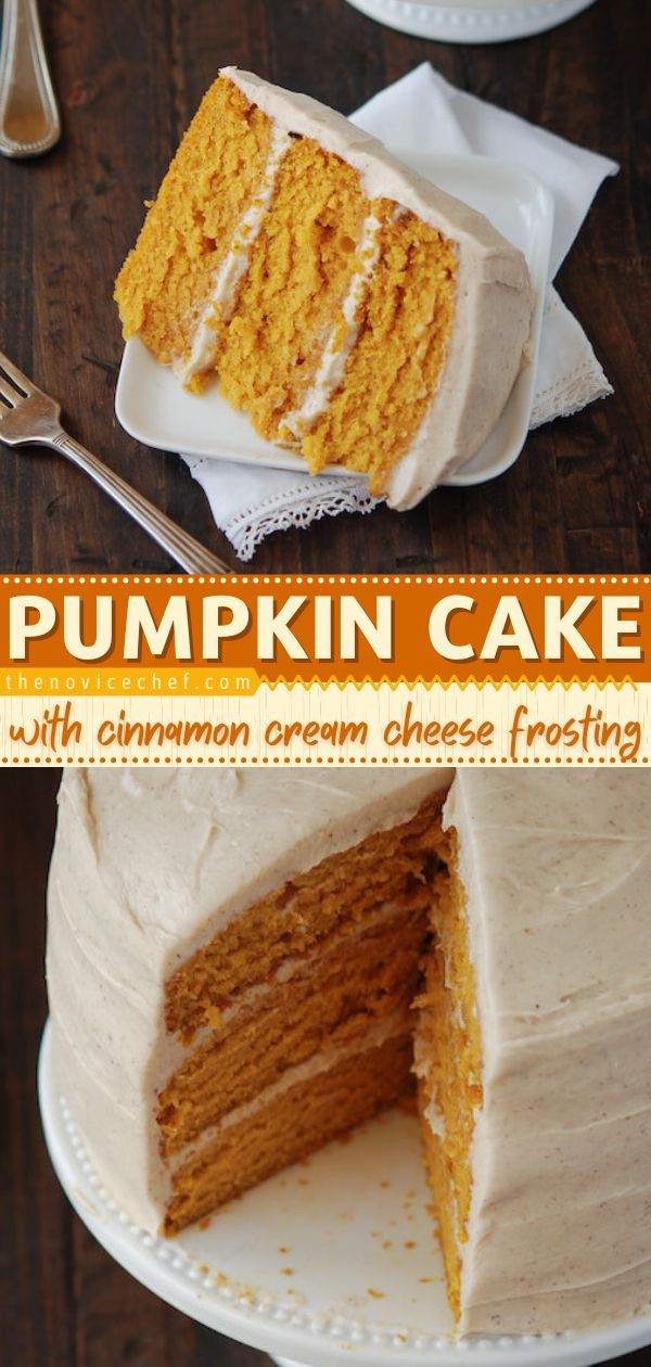 Pumpkin Cake with Cinnamon Cream Cheese Frosting, fall food, pumpkin recipes Pumpkin Dream, Maple Cream Cheese Frosting, The Novice Chef, Novice Chef, Maple Cream Cheese, Cake With Cinnamon, Pumpkin Cake Recipes, Holiday Sweets, Maple Cream