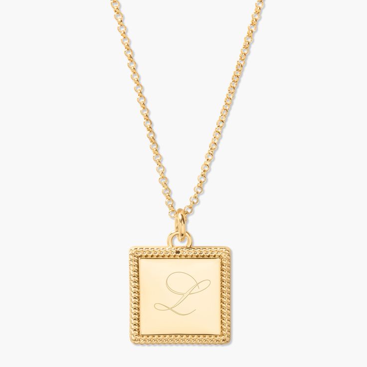 Capture a special moment forever with the Kenzie Pendant! Each pendant is engraved with a personalized initial or monogram for a truly unique keepsake. Wear your memories on your neck and keep them close. Create something truly special today. Available in 14k gold plated Pendant measures 5/8" by 5/8" 20" oval cable chain with 2" extender Lobster claw closure Protected with an anti-tarnish barrier With engraving this item is FINAL SALE SKU: BYN1417 Personalized Initial Pendant Jewelry For Formal Occasions, Classic Personalized Medallion Jewelry, Classic Gold Initial Necklace For Formal Occasions, Anniversary Jewelry With Initial Pendant, Elegant Personalized Initial Necklace For Formal Occasions, Elegant Nameplate Initial Necklace For Anniversary, Classic Formal Name Necklace With Initials, Classic Formal Initial Necklace, Classic Yellow Gold Initial Necklace For Anniversary