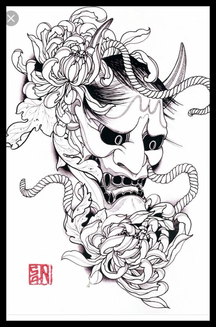 an ink drawing of a demon with flowers on his head and horns around his neck