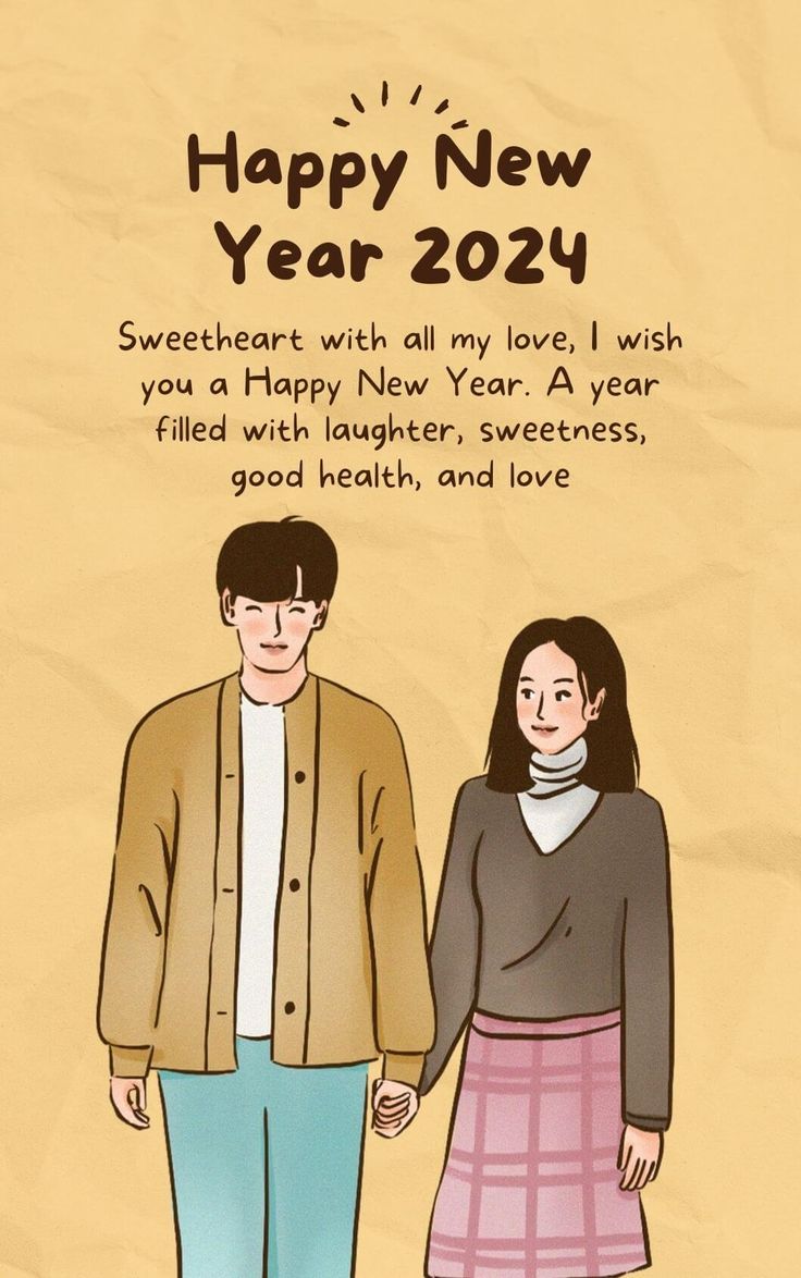 a man and woman standing next to each other with the words happy new year on it