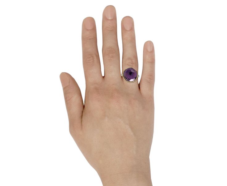 Earthy and modern, this Jamie Joseph ring is all about the gorgeous color of amethyst. The round stone is covered in a surface of light reflecting facets revealing pale tones of lilac and lavender. The stone is set in a bezel of 14K yellow gold and centered on Jamie's signature sterling silver egyptian band. Amethyst is a stone of protection and is believed to stimulate the mind, dispel negativity and strengthen intuition. amethyst : 15.5mm diametersterling silver egyptian band width : 3.5mmsize Faceted Purple Amethyst Ring For Formal Occasions, Formal Faceted Purple Amethyst Ring, Purple Faceted Ring For Formal Occasions, Formal Faceted Amethyst Ring Fine Jewelry, Formal Faceted Amethyst Ring, Formal Faceted Purple Ring, Formal Purple Faceted Ring, Luxury Purple Ring With Bezel Setting, Modern Amethyst Ring With Polished Finish