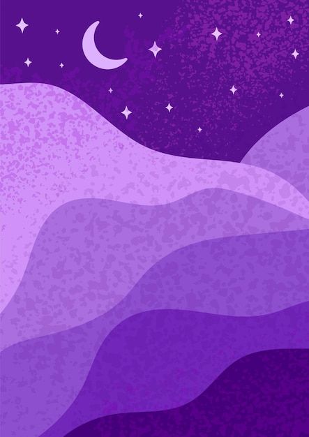 an abstract purple background with stars and the moon in the night sky, as well as mountains