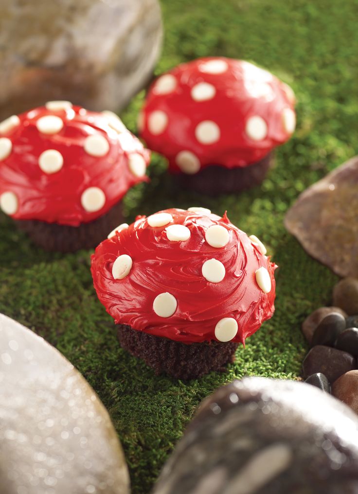 three cupcakes with red frosting and white polka dots are on the grass