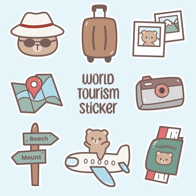 the world tourism stickers are arranged in various shapes and sizes, including an airplane