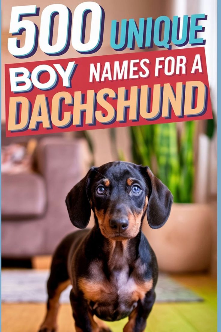 a small dog standing on top of a wooden floor in front of a blue sign that says 500 unique boy names for a dachshund