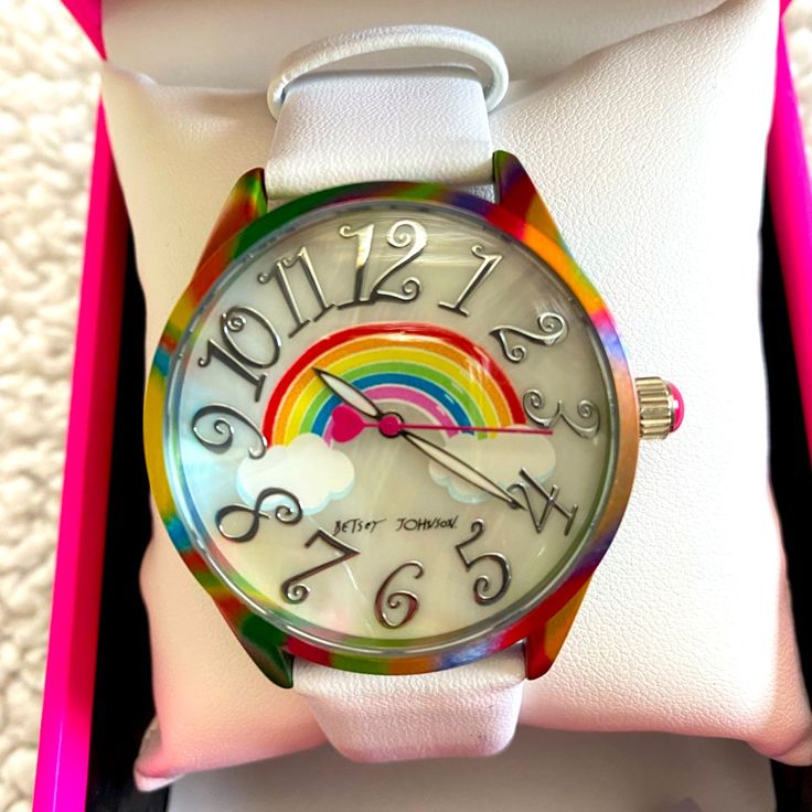 Rainbow Colored With White Vegan Leather Band. Brand New, Never Worn. Trendy Multicolor Watches As Gifts, Trendy Multicolor Quartz Watches, Lilac Nails Design, Floral Watches, Lilac Nails, Boyfriend Watch, Betsey Johnson Necklace, Betsey Johnson Earrings, Gold Watches Women