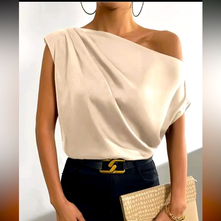 Solid Pleated Slant Shoulder Blouse, Elegant Blouse For Spring & Summer. Classy And Sophisticated High End, Luxury, Chic, Elegant, Blazer, Blouse, Louboutin, Suede, Burberry, Gold, Gucci, Casual, Louis Vuitton, Coats, Fendi, Attire, Maxi Dress, Poplin, Dress, Wide Leg Pants, Crop Top, Lace, Suede, Military, Gold, Pearl, Clutch, Designer, Blazer, Lady Jacket, Palazzo, Premium, J.Crew, Cardigan, Banana Republic, Cartier, Scarves, Crossbody Bags,Gg Belt, Gg, Double Ring, Diamond, Layered, Matching Elegant Solid Color Blouse For Summer, Elegant Solid Blouse For Summer, Chic Solid Sleeveless Blouse, Feminine Evening Tops With Asymmetrical Neckline, Feminine Asymmetrical Neckline Top For Evening, Versatile One-shoulder Party Top, Chic Summer Office Tops, Feminine Solid Color Blouse For Night Out, Feminine Solid Blouse For Night Out