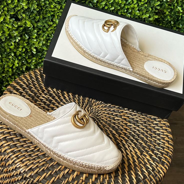 New Gucci Marmont Double G Great White Espadrilles Slides, With Box And Dust Bag, Recommended A Half Of Size More Than You’re Normal Wear Size, Made In Spain. Gucci White Round Toe Espadrilles, White Gucci Espadrilles For Spring, White Casual Gucci Espadrilles, Designer Closed Toe Espadrilles With Branded Insole, Luxury Closed Toe Espadrilles With Textured Sole, Luxury Flat Espadrilles With Woven Sole, Designer White Espadrilles With Woven Sole, Designer White Espadrilles With Round Toe, Luxury Espadrilles With Rubber Sole For Spring