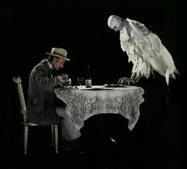 a man sitting at a table with an owl perched on his arm next to him