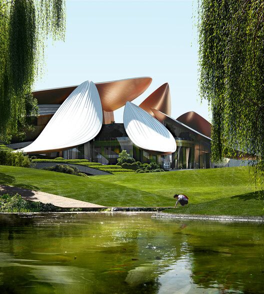 an artistic view of the exterior of a modern building with water and trees surrounding it