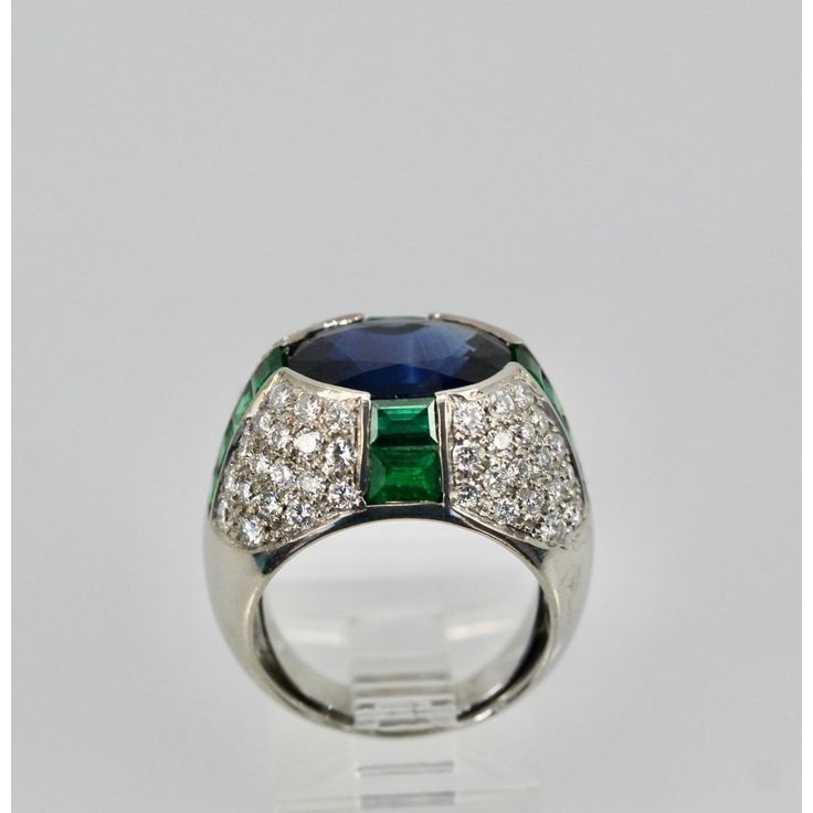 1990s Bulgari Trombino Sapphire Emerald Diamond Ring Size 5.75 | Chairish Luxury Round Gemstones For Formal Occasions, Luxury Round Gemstones For Formal Events, Luxury Brilliant Cut Platinum Gemstones, Luxury Sapphire Diamond Ring With 17 Jewels, Luxury Multi-stone Sapphire Gemstones, Luxury Oval Multi-stone Diamond Ring, Exquisite Evening Gemstone Rings, Luxury Sapphire Ring With Brilliant And Baguette Cuts, Luxury Platinum Sapphire Ring