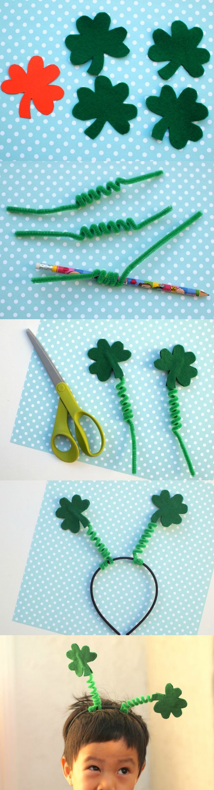 a collage of pictures with scissors and paper shamrocks on the top, one is cut