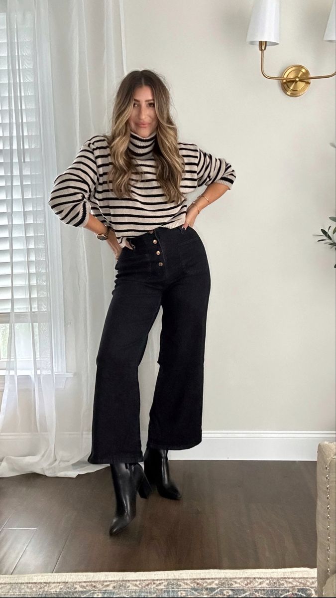 Cropped Wide Leg Denim Jeans Outfit, Black Crop Pants Outfit Winter, Wide Leg Black Crop Pants Outfit, Black Wide Leg Crop Jeans Outfit, Wide Leg Cropped Black Jeans Outfit, Wide Leg Jeans Sweater Outfit, Black Cropped Wide Leg Pants Outfit, Black Crop Jeans Outfit, Cropped Black Jeans Outfit