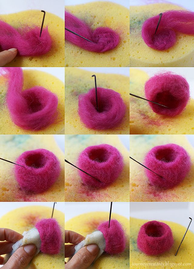 step by step instructions on how to make a felted donut with pink and white yarn