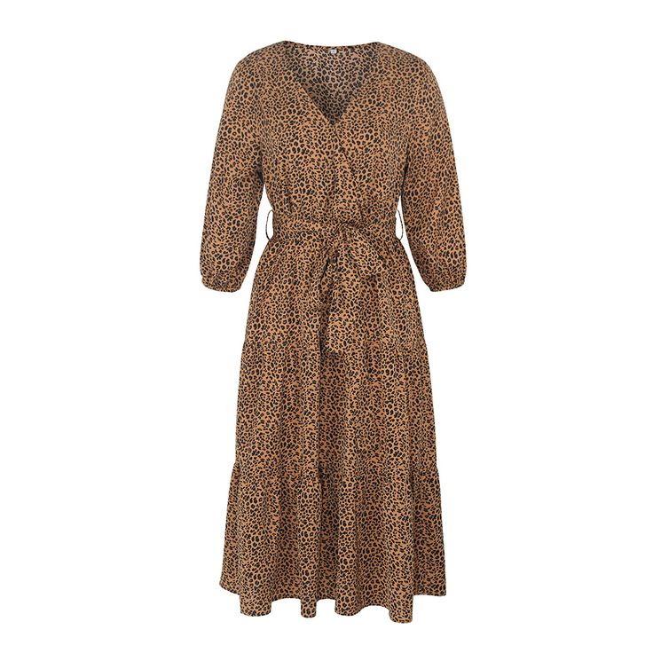 Brown Leopard Print V Neck Long Sleeve Dress Winter Vacation V-neck Dresses, Winter Vacation Dresses With V-neck, Fall Brunch Belted Maxi Dress, Fall Belted Dress For Vacation, Fall Vacation Belted Dresses, Belted Dresses For Fall Vacation, Belted Dresses For Vacation In Fall, Fall Belted Maxi Dress For Day Out, Fall Day Out Belted Maxi Dress