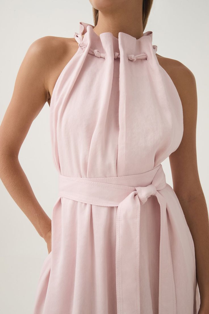 Mariel Trapeze Midi Dress | Soft Pink | Aje – Aje ROW Spring A-line Dress With Tie Fastening, Spring A-line Midi Dress With Tie Back, A-line Summer Dress With Tie Fastening, A-line Tie Back Midi Dress For Beach, Linen V-neck Dress With Tie Straps, Little Pink Dress, Tie Ribbon, Linen Fashion, Summer 2025