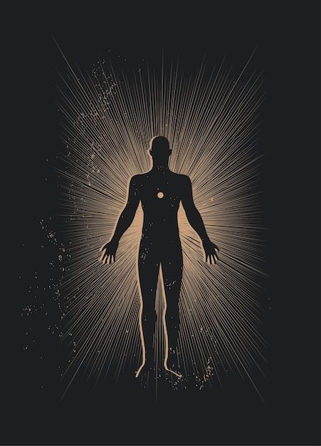 the silhouette of a man with his arms outstretched in front of an image of sunbeams