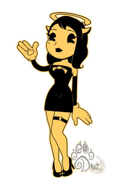 a cartoon girl in black and yellow with angel wings on her head, holding out her hand