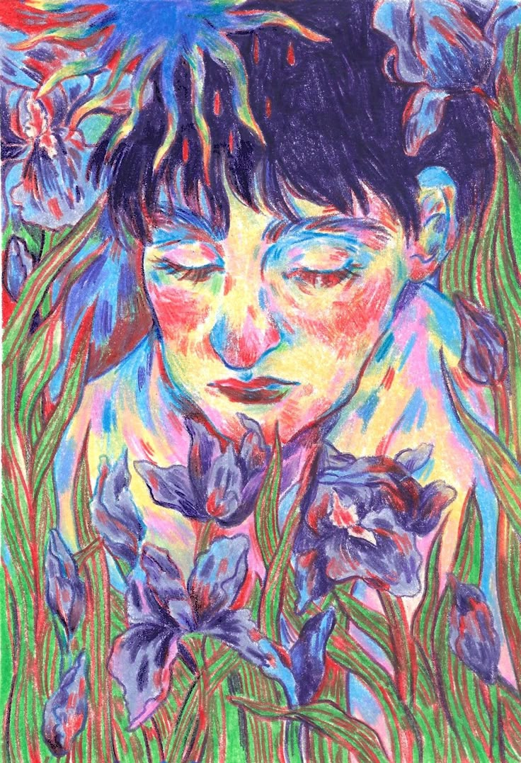 a drawing of a woman with flowers in her hair