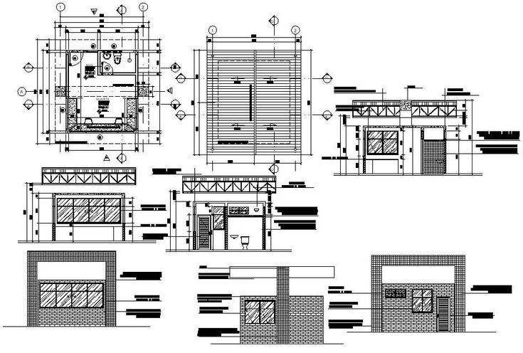 architectural drawings showing the front and side sections of a building with windows, doors, and balconies