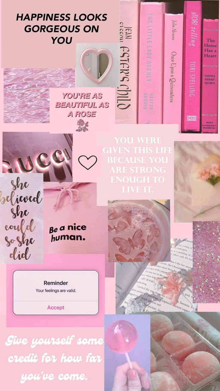 pink collage with words and pictures on it that include books, soaps, flowers, hearts, and more