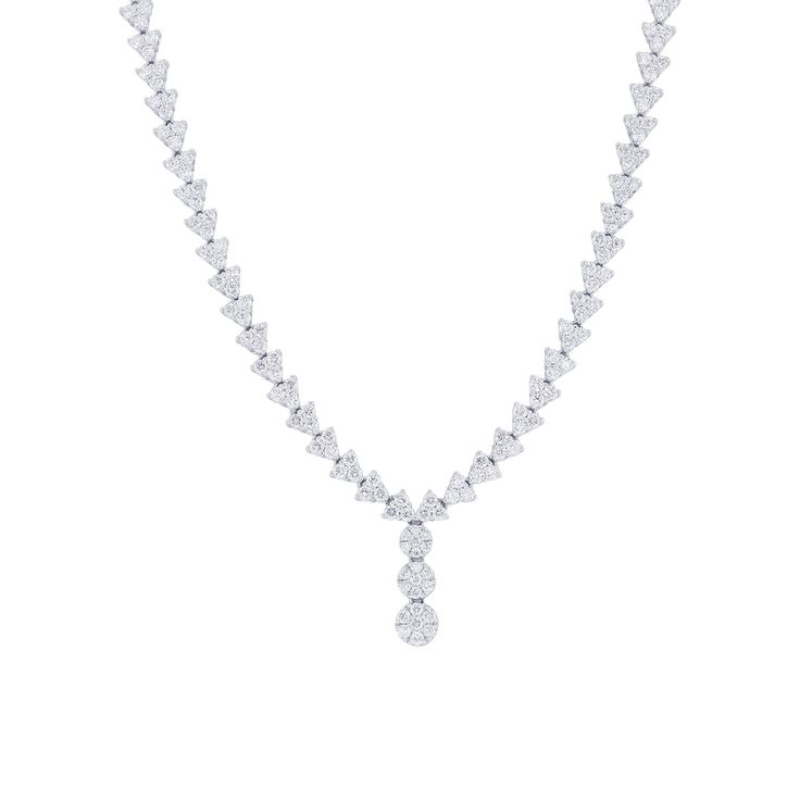 Elevate any look with the 17 inch Raddix Diamond Drop Necklace. Crafted with 4 5/8 carats of diamonds set in 18 karat gold, this necklace makes a statement of sophistication and timeless elegance. A delicate design adds a touch of refinement to your wardrobe. Classic Diamond White Necklace With 17 Jewels, Luxury Diamond Necklace With 17 Jewels, Luxury Brilliant Cut Diamond Necklace For Anniversary, Luxury Round Cut Diamond White Necklace, Luxury Diamond Bridal Necklace, Formal Fine Jewelry Bridal Necklace, Luxury Diamond Cut Diamond Necklace, Luxury Cubic Zirconia Diamond Necklace With Brilliant Cut, Formal Diamond Necklace With Single Cut Diamonds