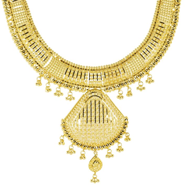 Indulge in sophistication with this beautiful 22k yellow gold necklace and earrings set by Virani Jewelers. Crafted with beauty and cultural heritage in mind, this gold jewelry set exudes timeless elegance any woman would love to adorn on her special day. Elevate your ensemble with the allure of Indian jewelry, perfect for adding a touch of luxury to formal occasions.Features• 22k yellow gold• Filigree• BeadingNecklace Specifications:• Minimum Width - 1.75 millimeters• Maximum Width - 46.2 milli Gold Bridal Necklace Set, Gold Necklace And Earrings Set, Gold Jewelry Set, Gold Bridal Necklace, Bridal Necklace Set, Gold Jewelry Sets, Yellow Gold Necklace, Necklace And Earrings Set, Gold Filigree