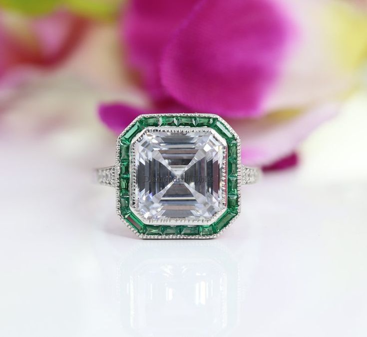 Vintage Art Deco Style Asscher Diamond and Sapphire Ring Art - Etsy.de Green Octagon Halo Setting Jewelry, Green Octagon Halo Jewelry, Green Octagon Jewelry With Halo Setting, Formal Octagon Emerald Ring With Bezel Setting, Silver Asscher Cut Emerald Jewelry, White Gold Jewelry With Asscher Cut May Birthstone, Silver Octagon Emerald Ring For May Birthstone, White Gold Asscher Cut Jewelry For May Birthstone, Art Deco Green Ring With Bezel Setting