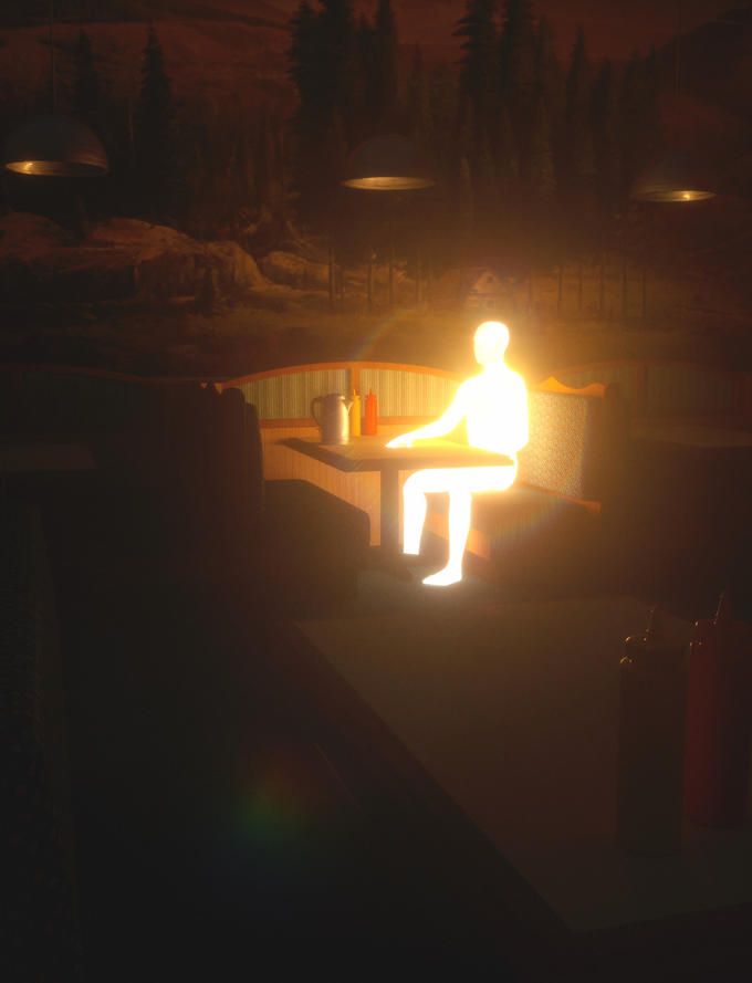 a person sitting on a bench in the dark at night with lights shining from behind