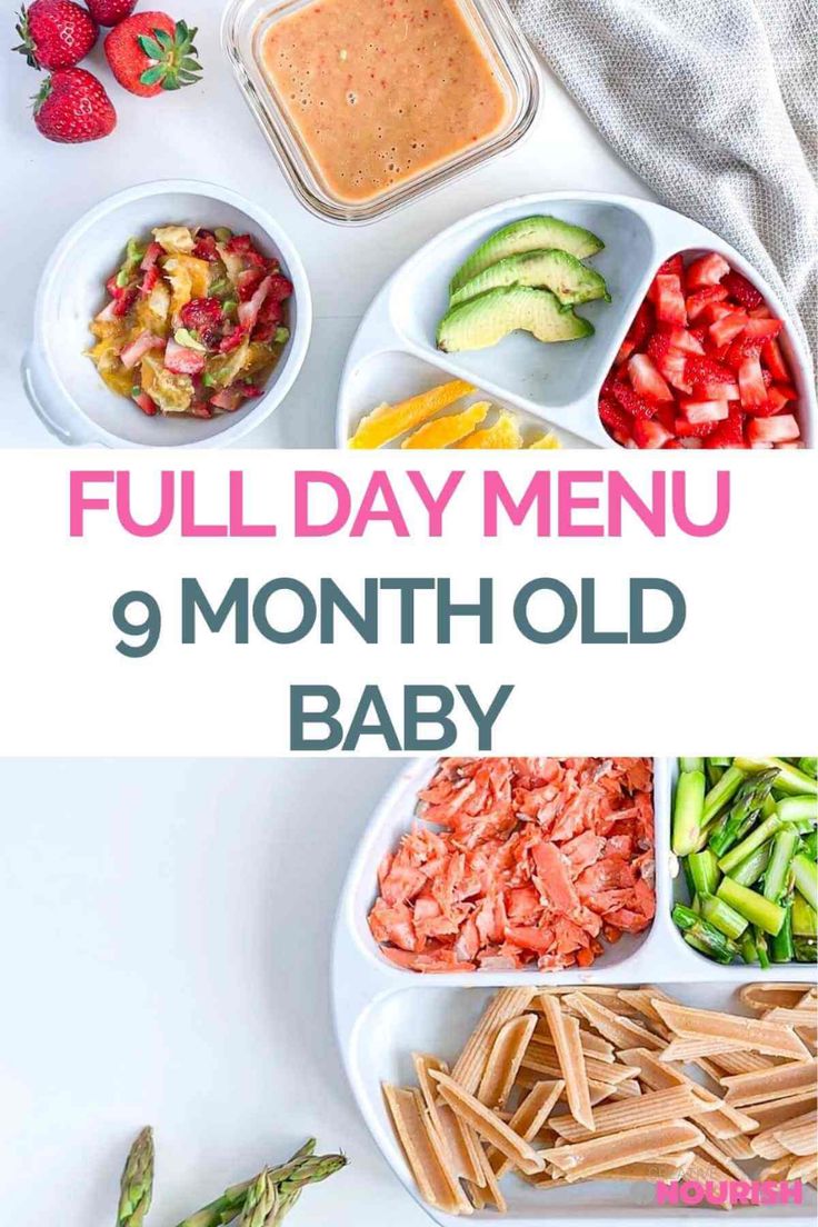 the full day menu for 9 month old baby is shown with vegetables, fruit and dips