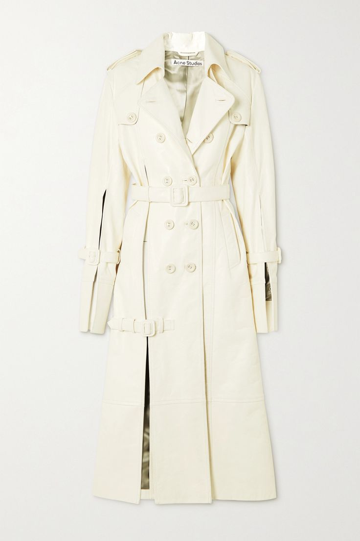 Acne Studios nails effortless dressing and this trench coat offers an easy way for making any outfit instantly cooler. Designed with a double-breasted profile, it features a front slit and open sleeves, held together with buckles to adjust the shape. Off-white leather is such a fresh alternative to traditional beige gabardine. White Trench Coat, Trench Coat Outfit, Open Sleeves, Trench Coat Men, Leather Trench, Leather Trench Coat, Coat Outfits, Mens Winter Fashion, Coat Design