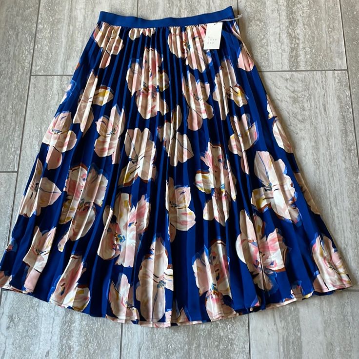 A Pleated Blue Floral Skirt ,A New Day Size Large 100% Polyester Machine Wash Cold With Like Colors In Gentle Cycle Only Nonchlorine Bleach When Needed Tumble Dry, Low Remove Promptly Do Not Iron On Pleats Spring Blue Pleated Skirt Bottoms, Blue Floral Print Full Skirt, Blue Floral Print Long Skirt, Blue Pleated Midi Skirt Bottoms, Pleated Blue Midi Skirt, Casual Blue Pleated Midi Skirt, Casual Blue Full Pleated Skirt, Blue Relaxed Skirt For Day Out, Blue Relaxed Fit Skirt For Day Out